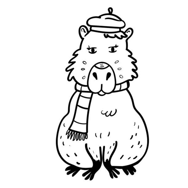 Animal Capybara in Beret and Scarf Black and White Illustration for Coloring