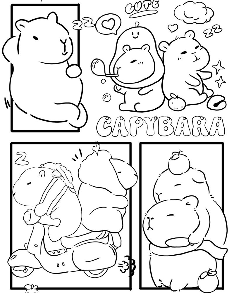 tranh tô màu capybara cute không màu
