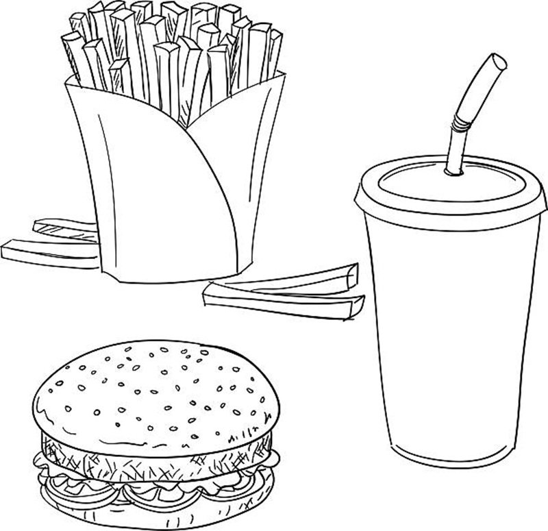Burger set with fries in line art style, black and white