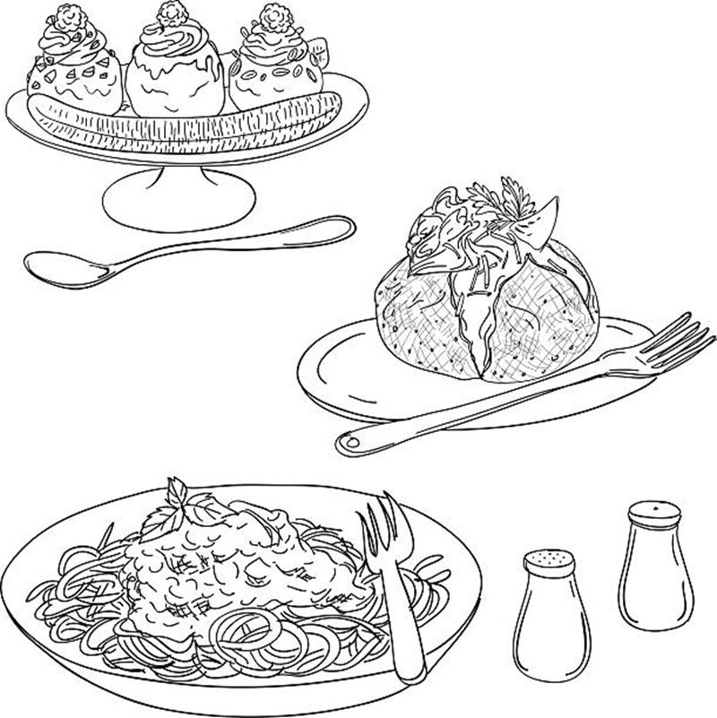 Western dishes in sketch style, black and white