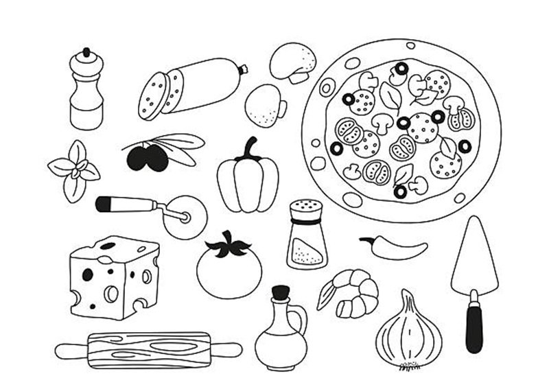 Pizza set. Vector black and white illustration.