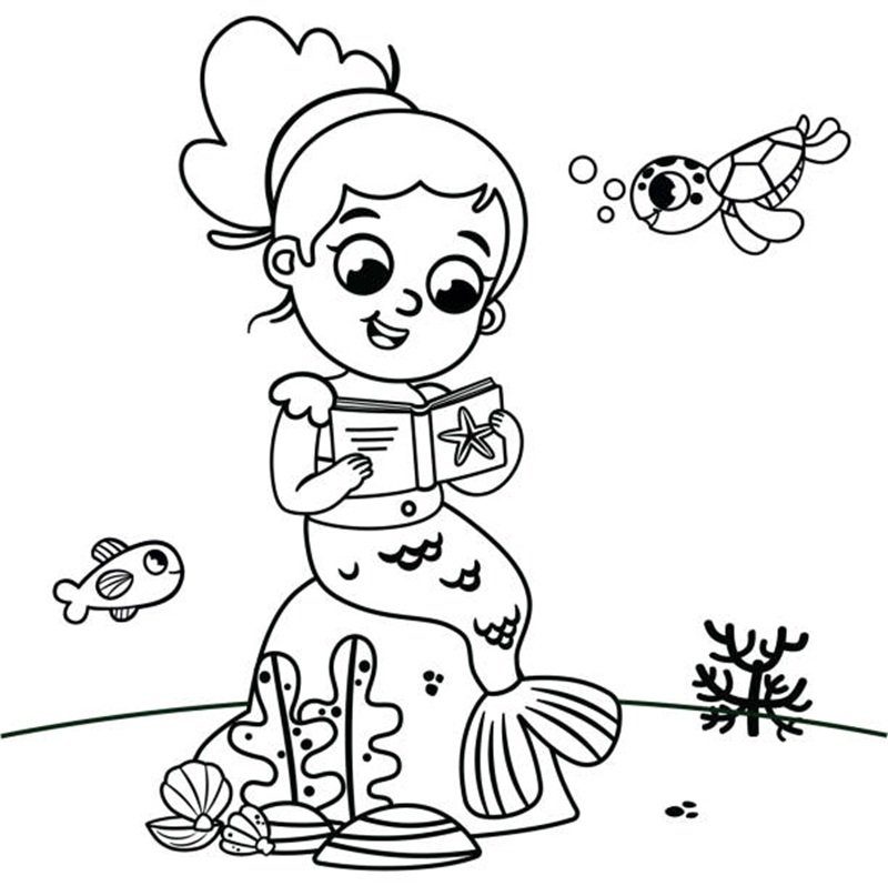 Black and white mermaid is reading a book under the water. Vector illustration.