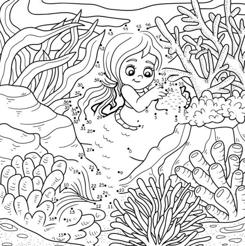 Numbers game, education dot to dot game for children, Mermaid
