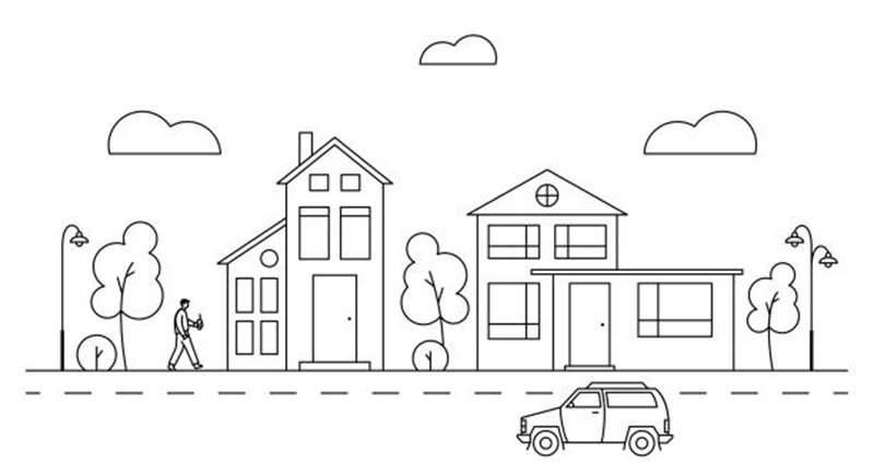 Vector line art illustration with suburban cityscape and different buildings.