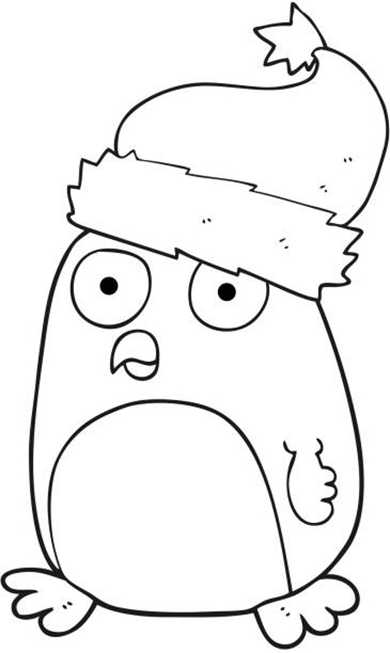 freehand drawn black and white cartoon penguin in christmas hat