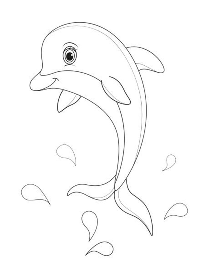 Coloring page with dolphin. Monochrome vector children’s illustration.