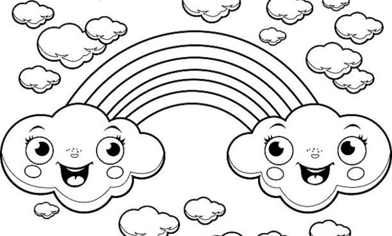 A rainbow and clouds in the sky. Black and white coloring page illustration