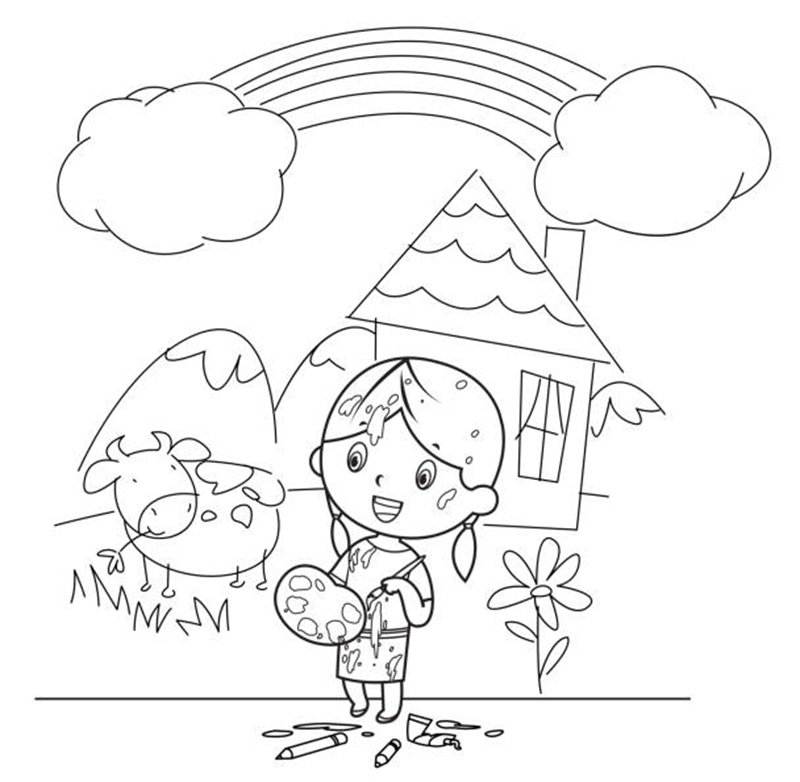 Vector Coloring Book, Cute kids painting and drawings on the wall