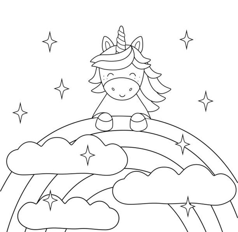 Cute unicorn on a rainbow. Coloring page with an animal for children