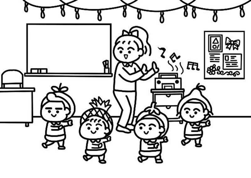 Cute Kindergarten Students Dancing in Fruit Costumes with Teacher in Classroom.