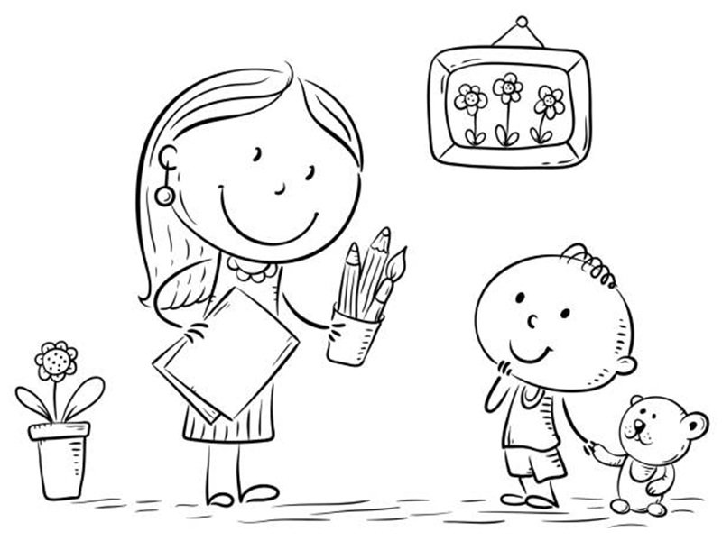 Teacher or mother encouraging the kid to draw, outline vector illustration.