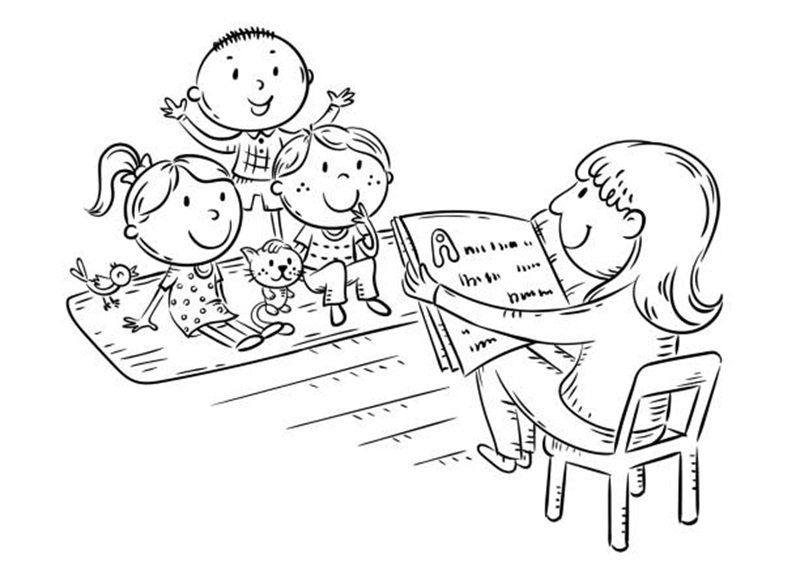 Teacher reading to kids in the kindergarten, cartoon vector illustration