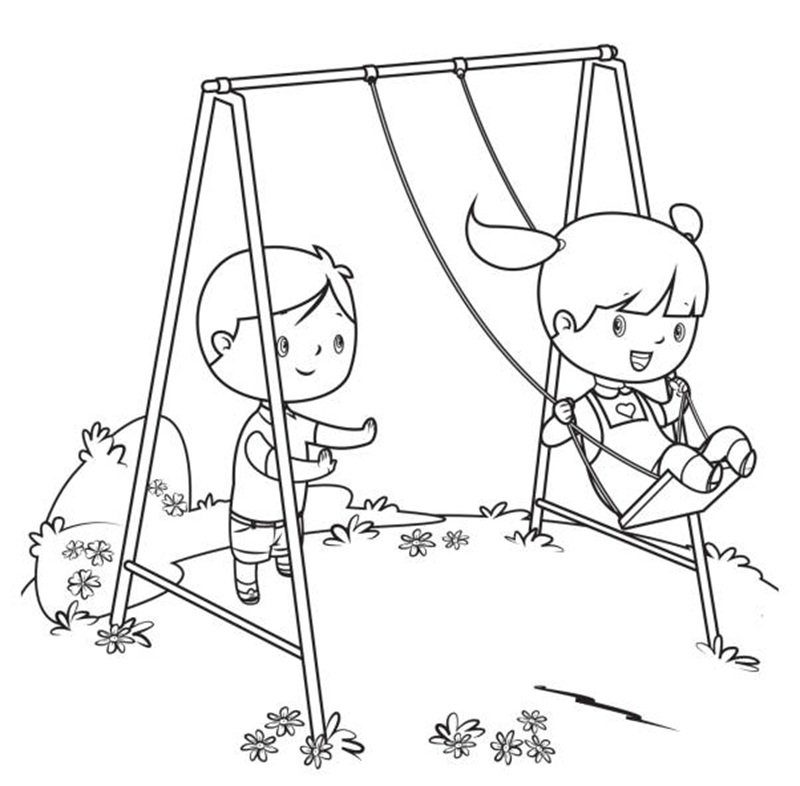 Vector coloring book, children playing on swing