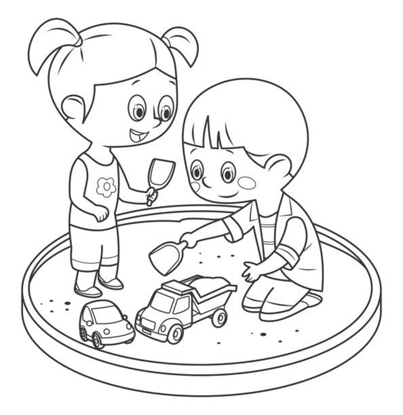 Vector Black And White, Happy children play in the sandbox