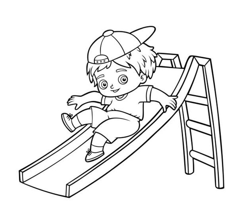 Coloring book for children, Boy riding a slide on the playground