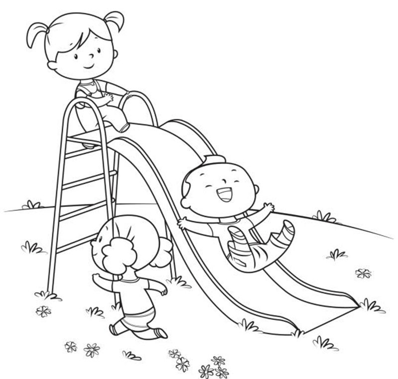 Vector coloring book, kids playing on slide