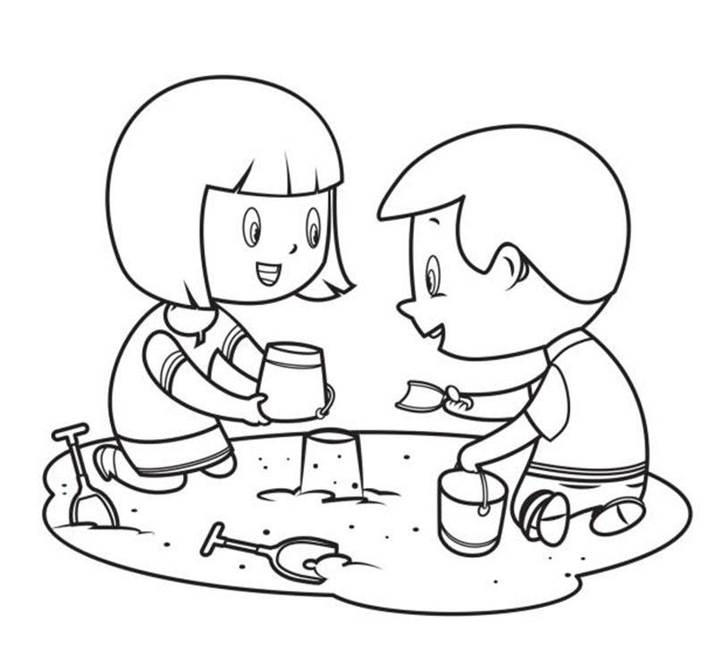 Vector coloring book, children playing in the sand