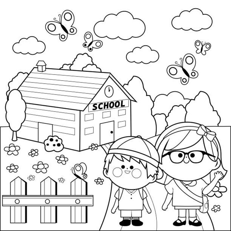 A girl and a boy students at their school. Vector black and white illustration