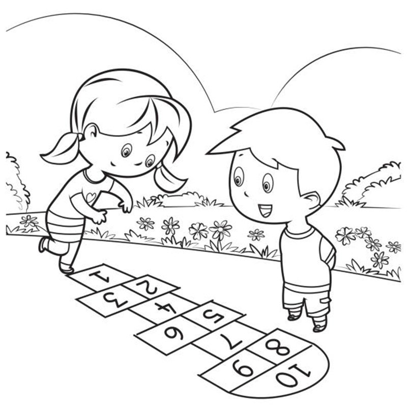 Vector Coloring Book, Kids Playing Hopscotch