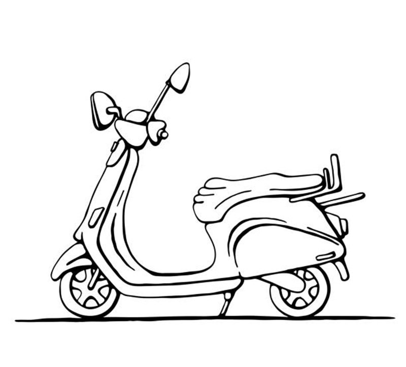 Black and white hand drawn illustration of retro scooter. Vector illustration
