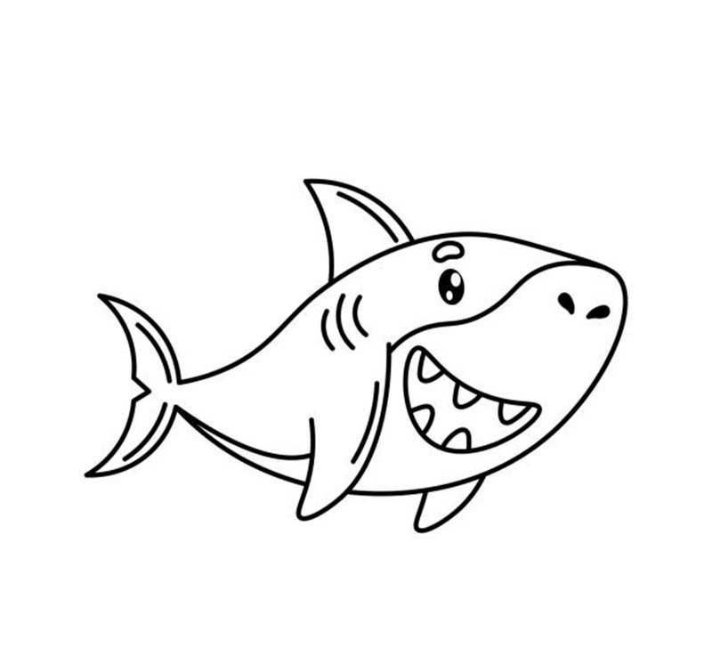 Shark. A black and white cartoon character of an ocean fish. children’s drawing