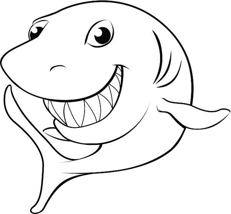 Black and white illustration of a happy cartoon shark. Vector file is eps 10