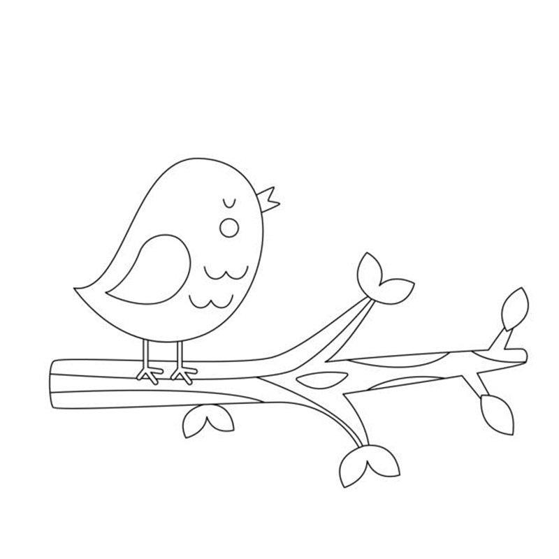 Black and white picture of cute bird sitting on branch on white background.