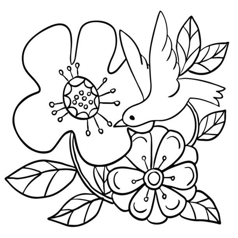 bird flower heads black and white line art illustration