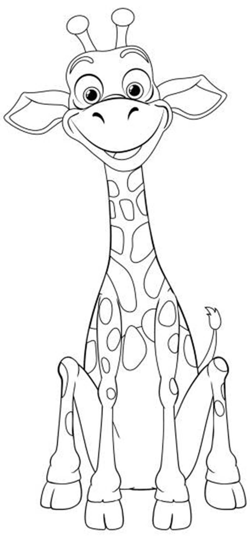 A playful giraffe cartoon in black and white.