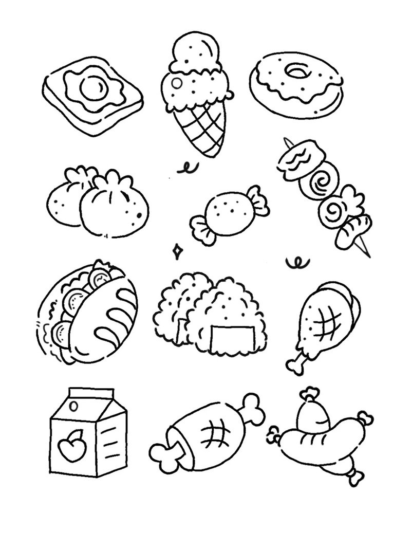 tranh vẽ dễ thương để tô màu đồ ăn mini cho bé