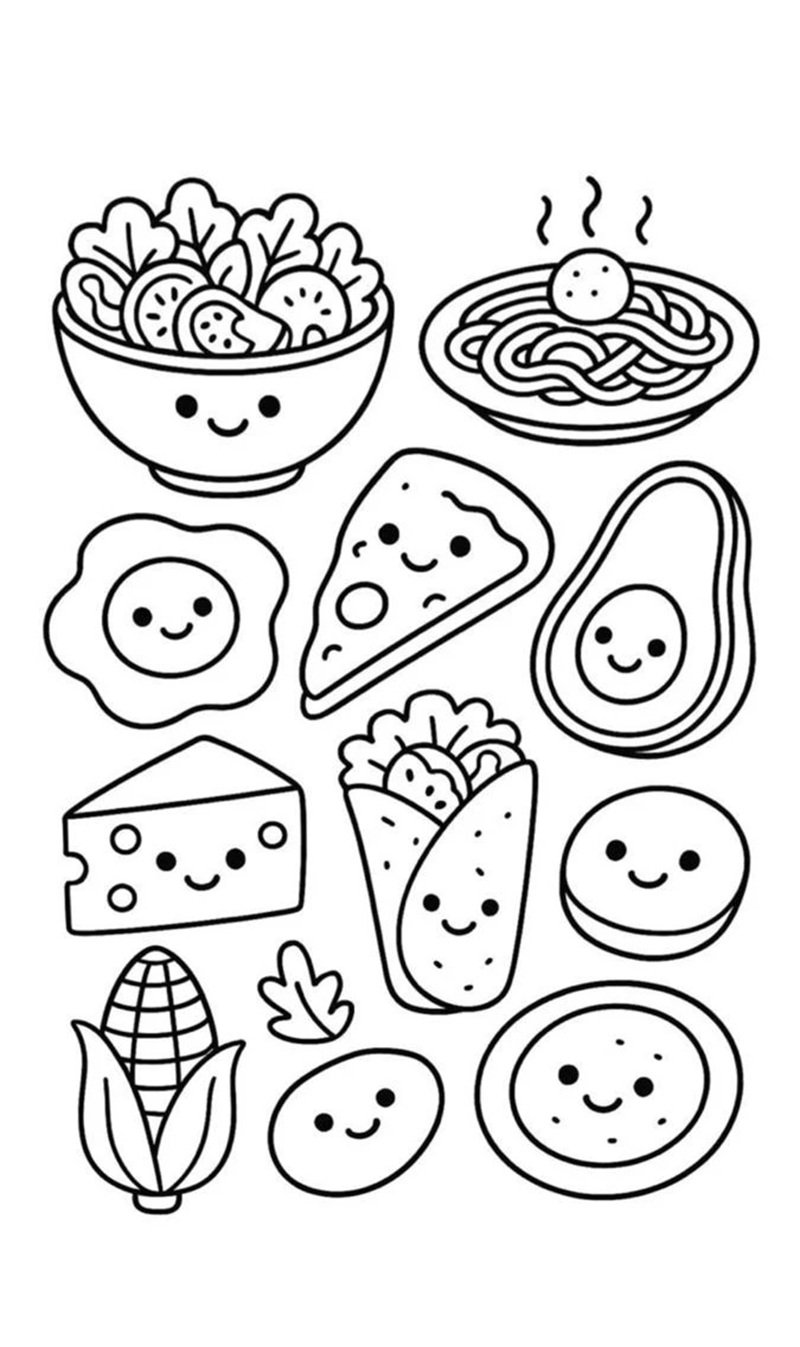 tô màu đồ ăn mini với nét vẽ to rõ cho trẻ nhỏ