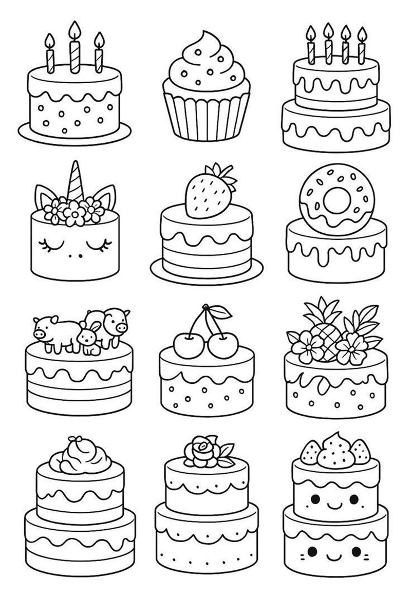 tranh trắng đen tô màu đồ ăn mini đơn giản