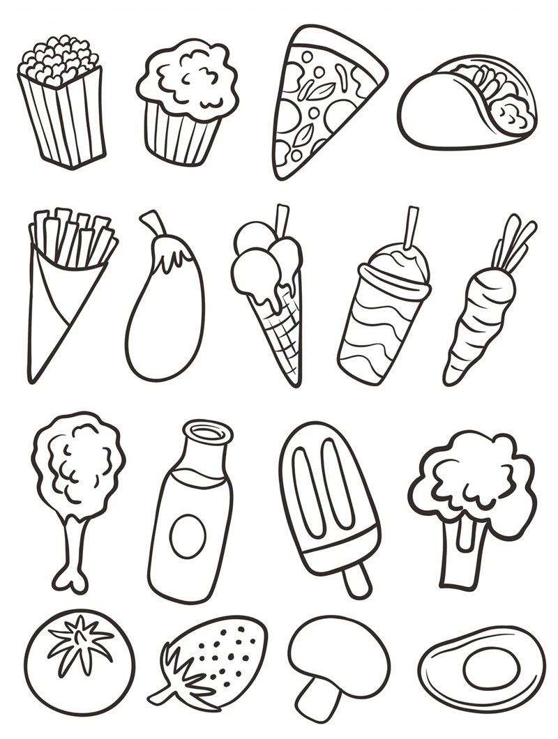 tranh vẽ thức ăn mini trắng đen dễ tô