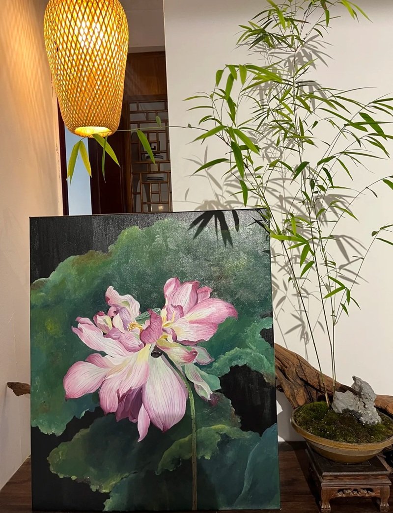 Tác phẩm tranh vẽ hoa sen phong cách Á Đông cổ điển