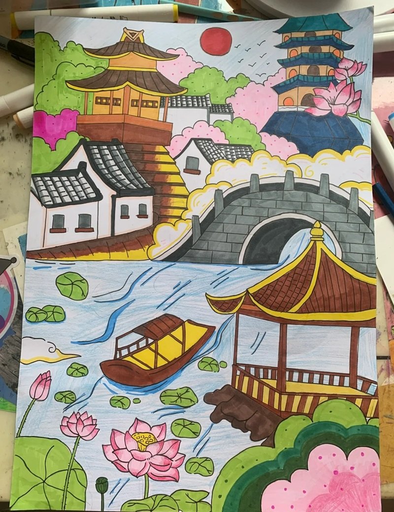 Tranh vẽ quê hương màu sắc tươi sáng