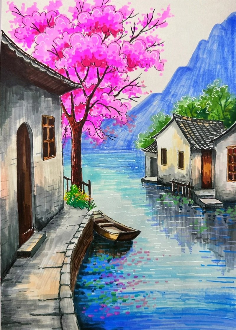 Tranh vẽ quê hương cánh đồng xanh