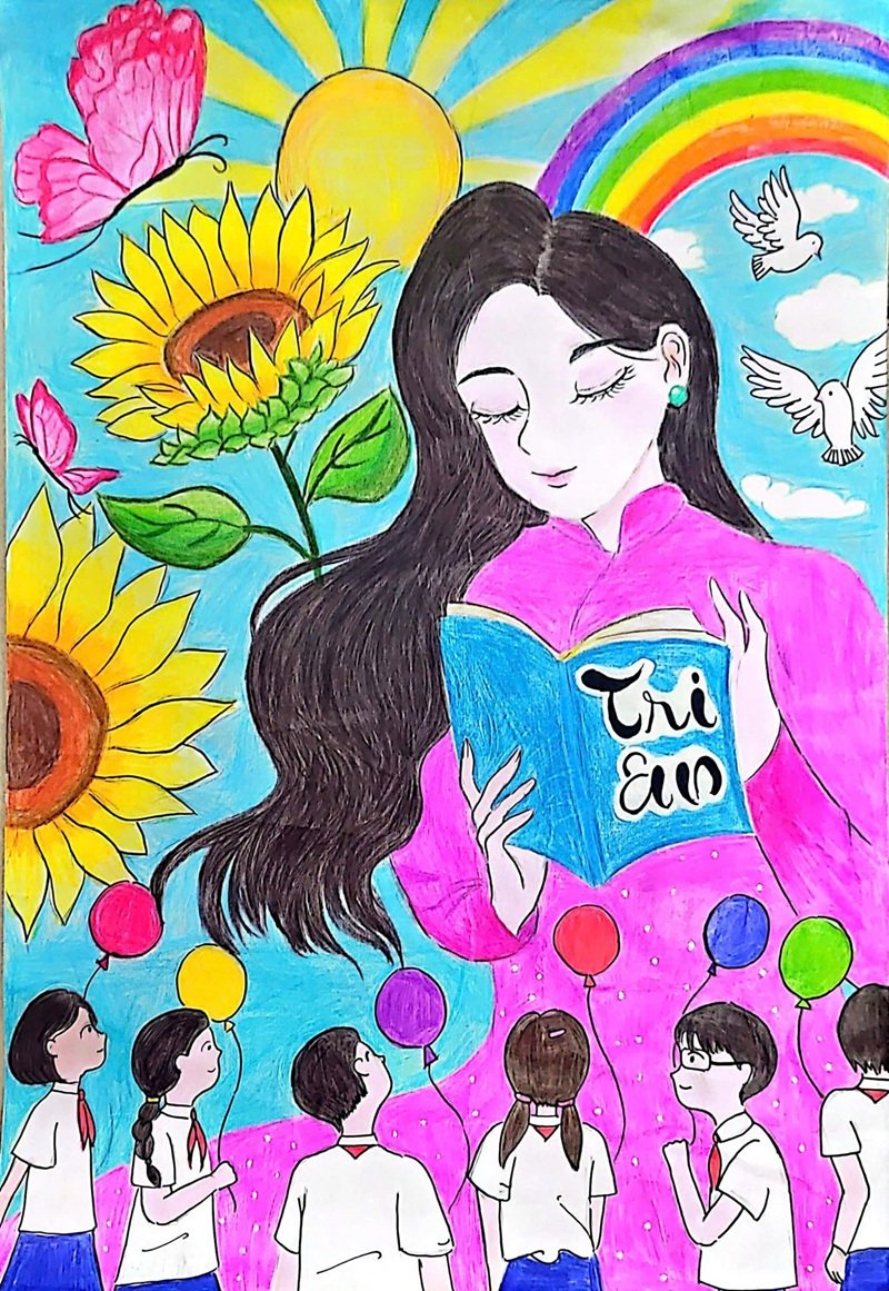 tranh vẽ thầy cô và học sinh