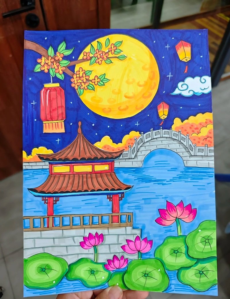 Tranh vẽ trung thu phong cảnh đêm trăng