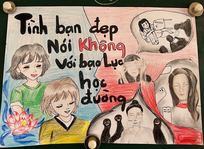 Tranh vẽ học sinh đoàn kết chống bạo lực học đường