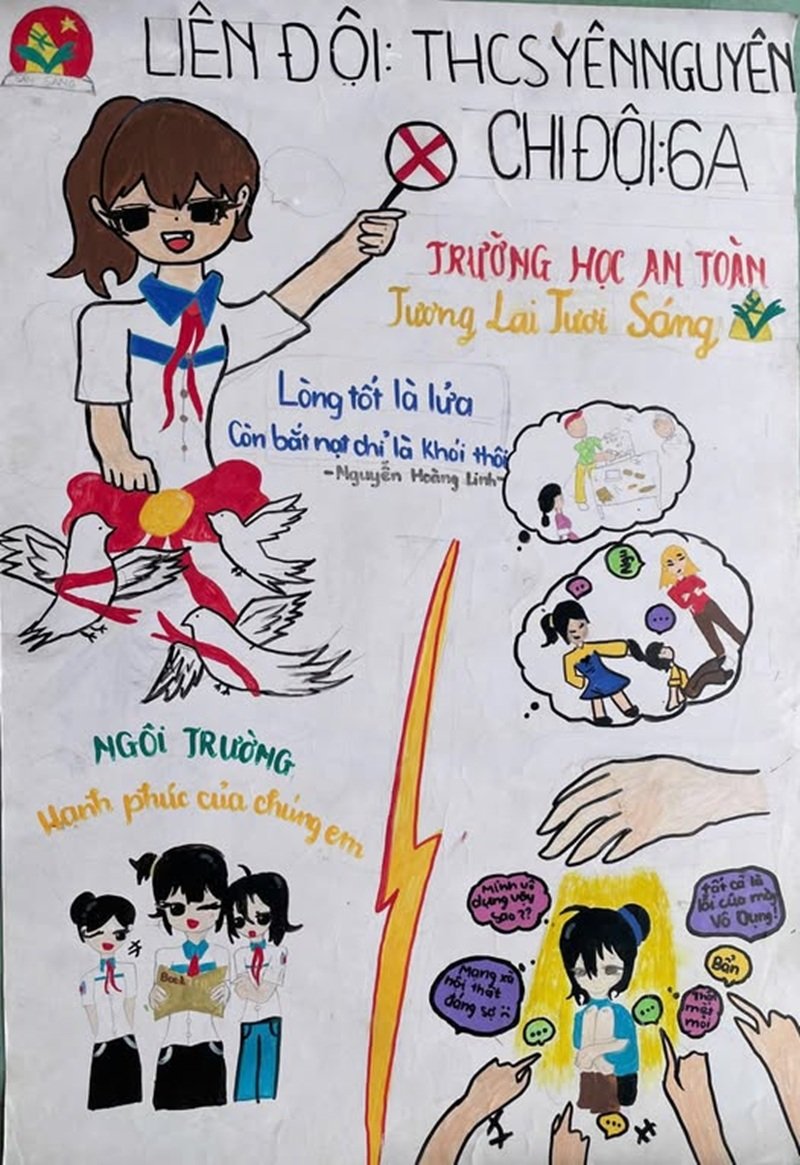 Tranh vẽ học sinh chung tay đẩy lùi bạo lực học đường