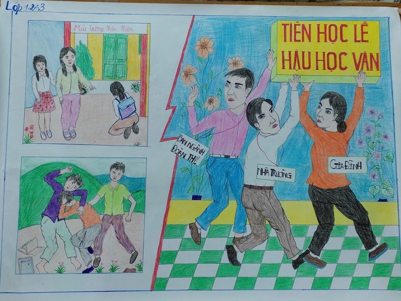 Tranh vẽ phòng chống bạo lực học đường và tình bạn đẹp