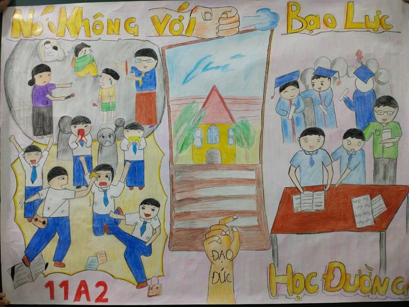 Tranh vẽ phòng chống bạo lực học đường nhiều màu sắc