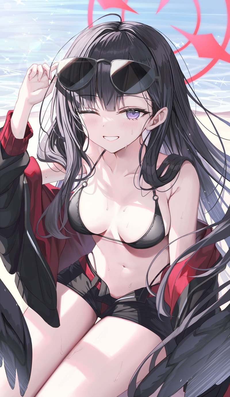 Nhân vật anime mặc bikini trong khung cảnh mùa hè.