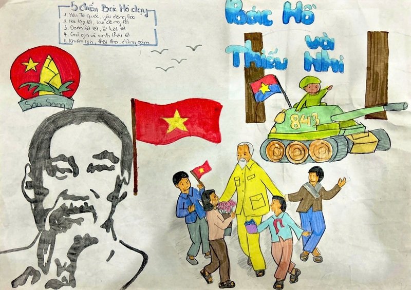 Tranh vẽ Bác Hồ với thiếu nhi dành cho học sinh