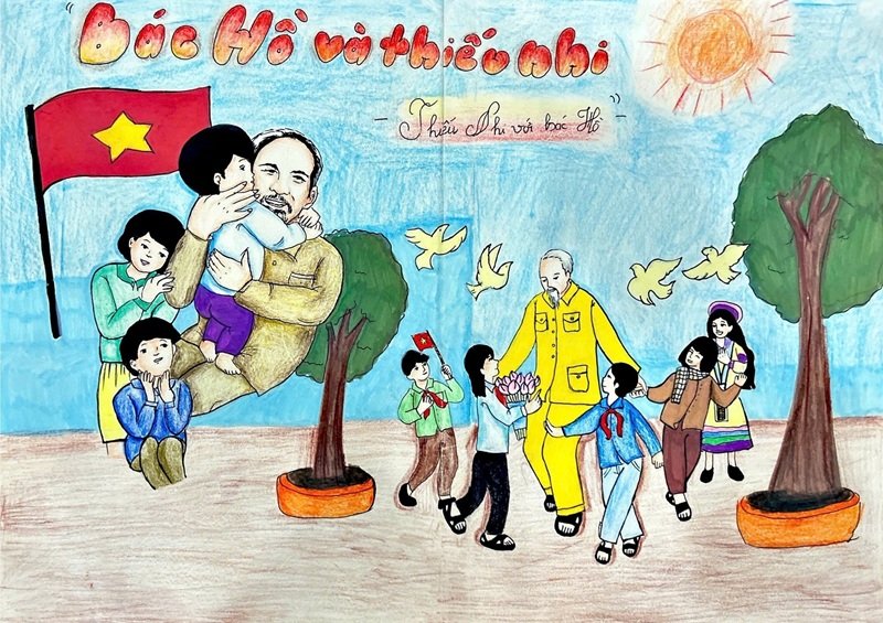Tranh vẽ Bác Hồ với thiếu nhi nghệ thuật