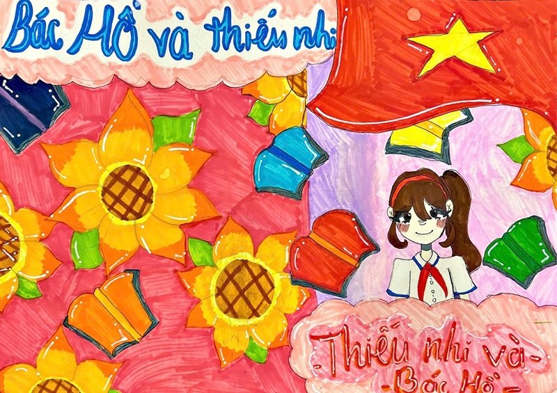 Tranh vẽ Bác Hồ với thiếu nhi trong sân trường