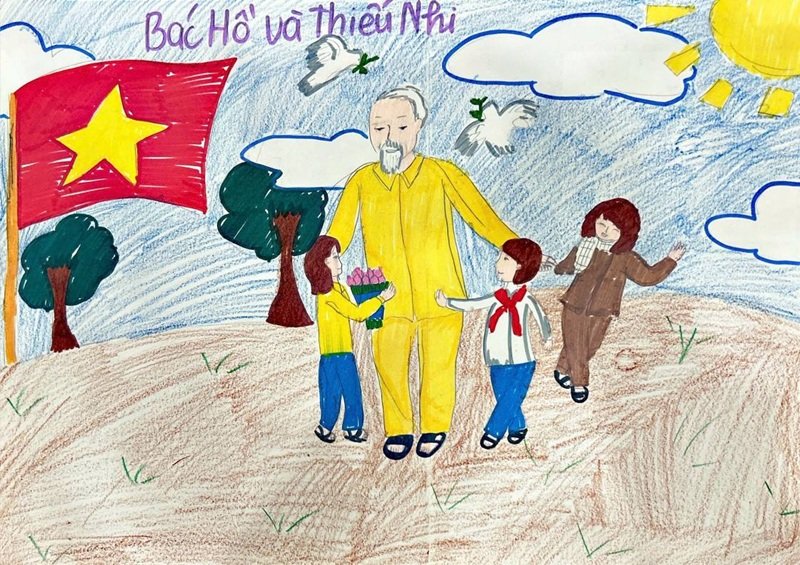 Tranh vẽ Bác Hồ với thiếu nhi phong cách thiếu nhi
