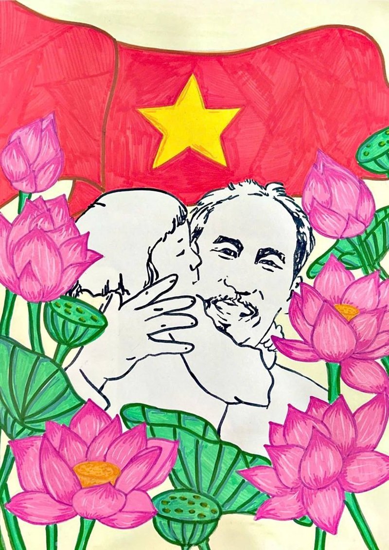 Tranh vẽ Bác Hồ với thiếu nhi màu sắc sinh động