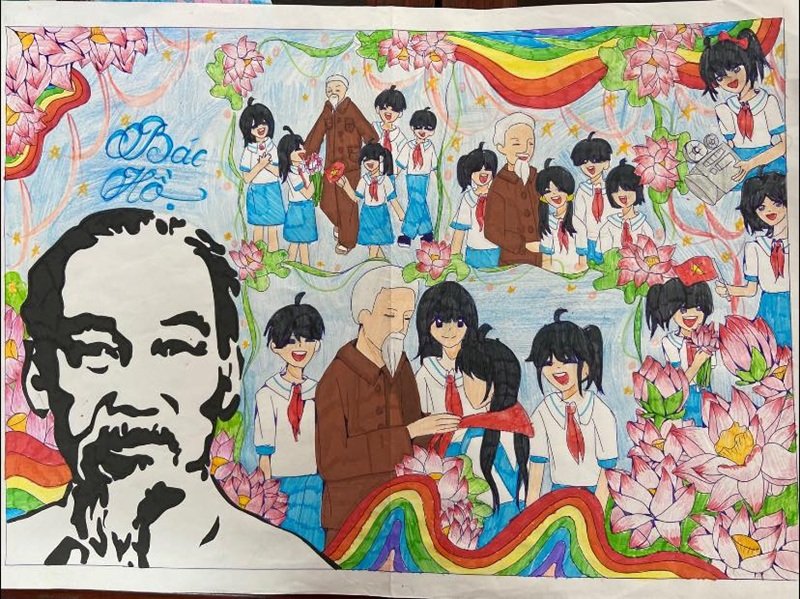 Tranh vẽ Bác Hồ với thiếu nhi phong cách truyền thống