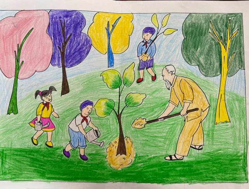 Tranh vẽ Bác Hồ với thiếu nhi nhiều màu sắc
